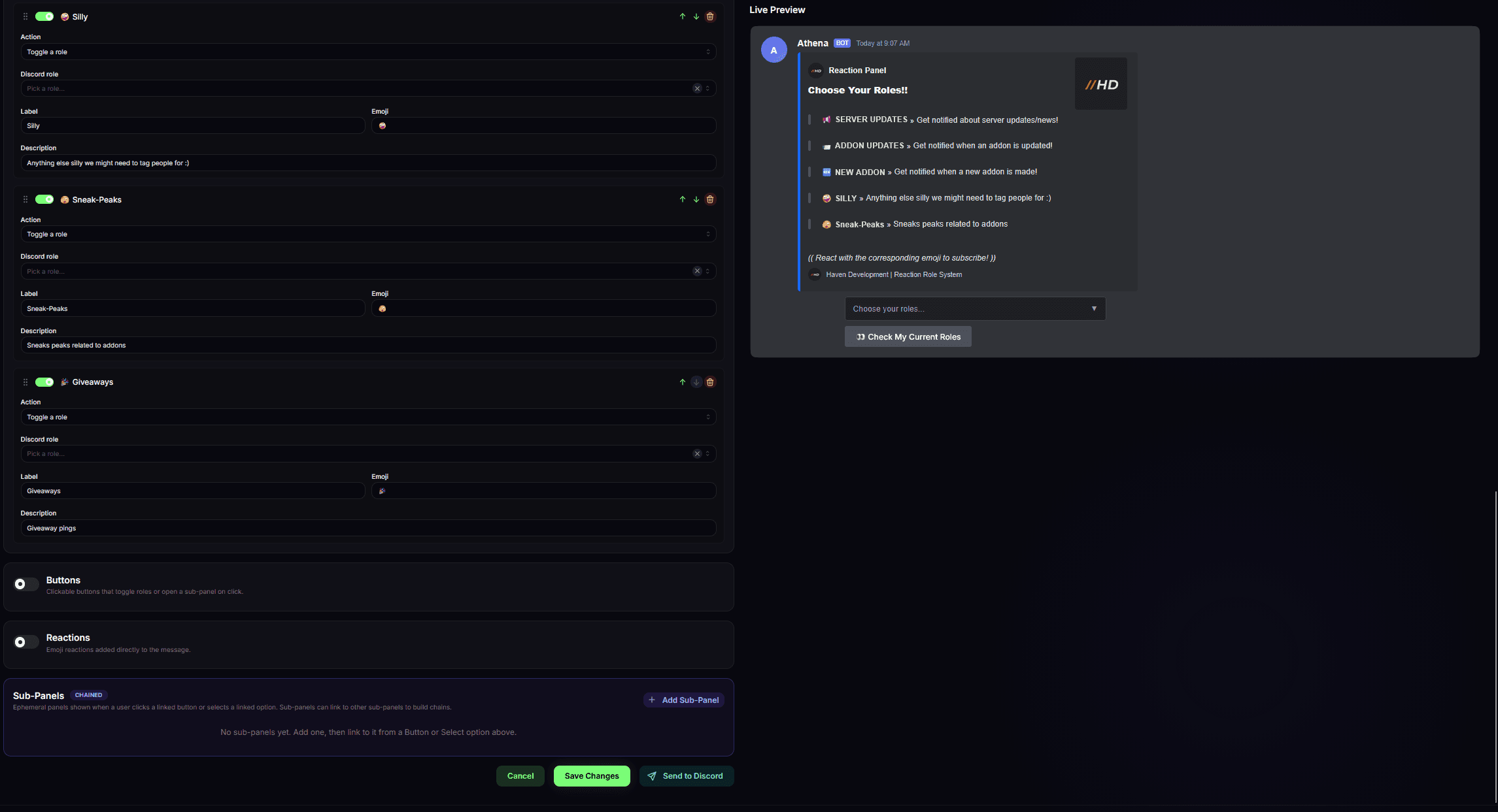 Reaction Roles component and sub-panel editor