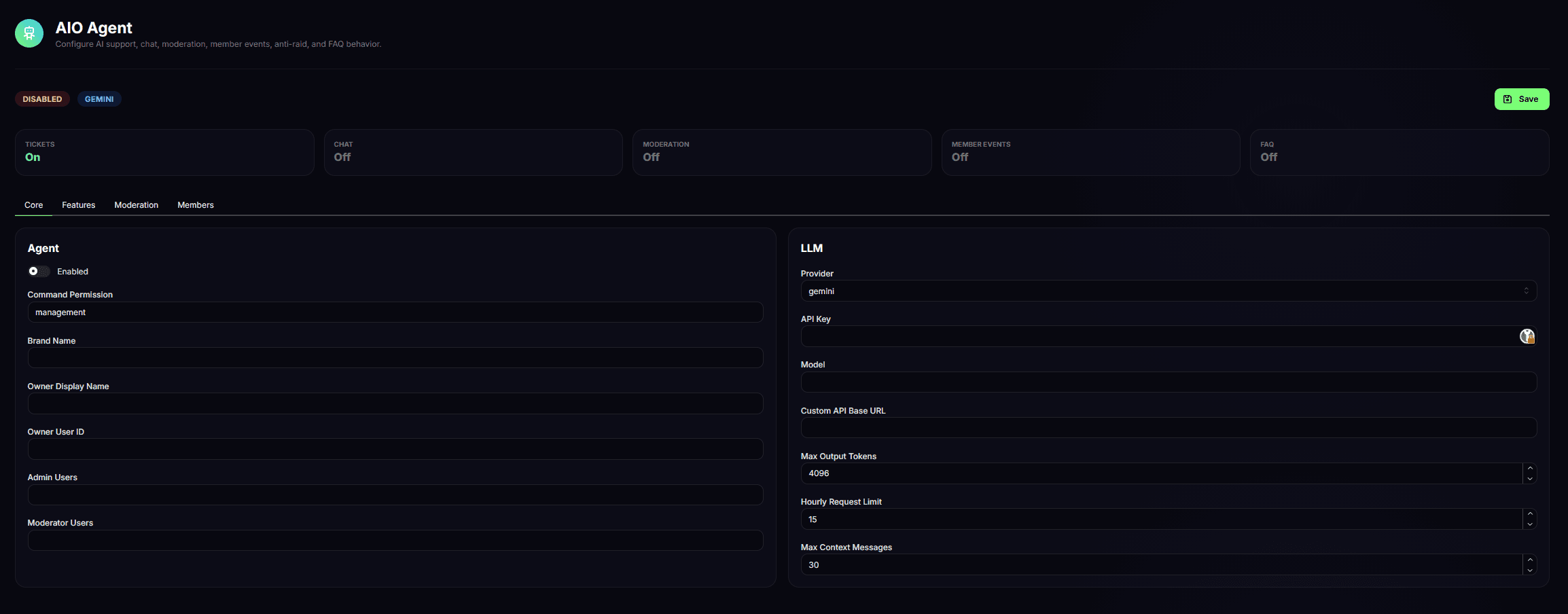 AIO Agent core settings