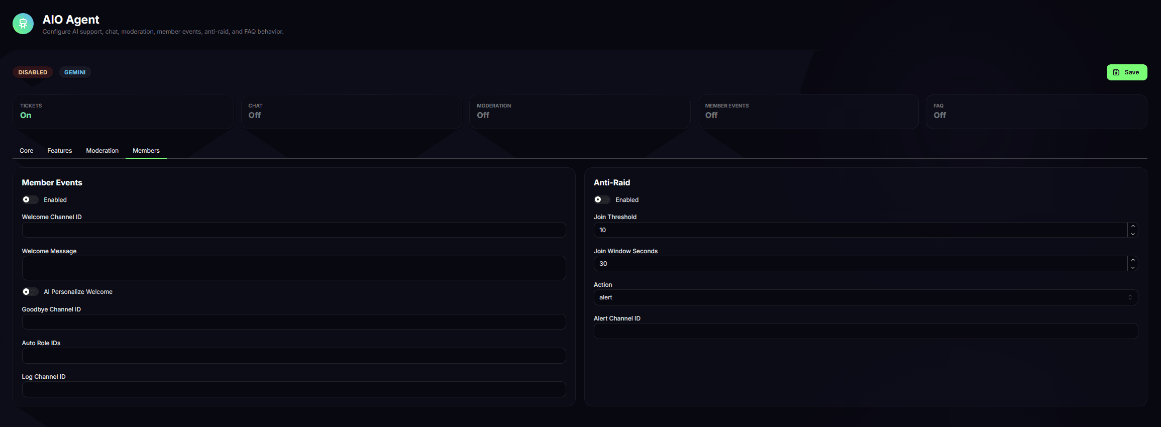 AIO Agent member events and anti-raid settings