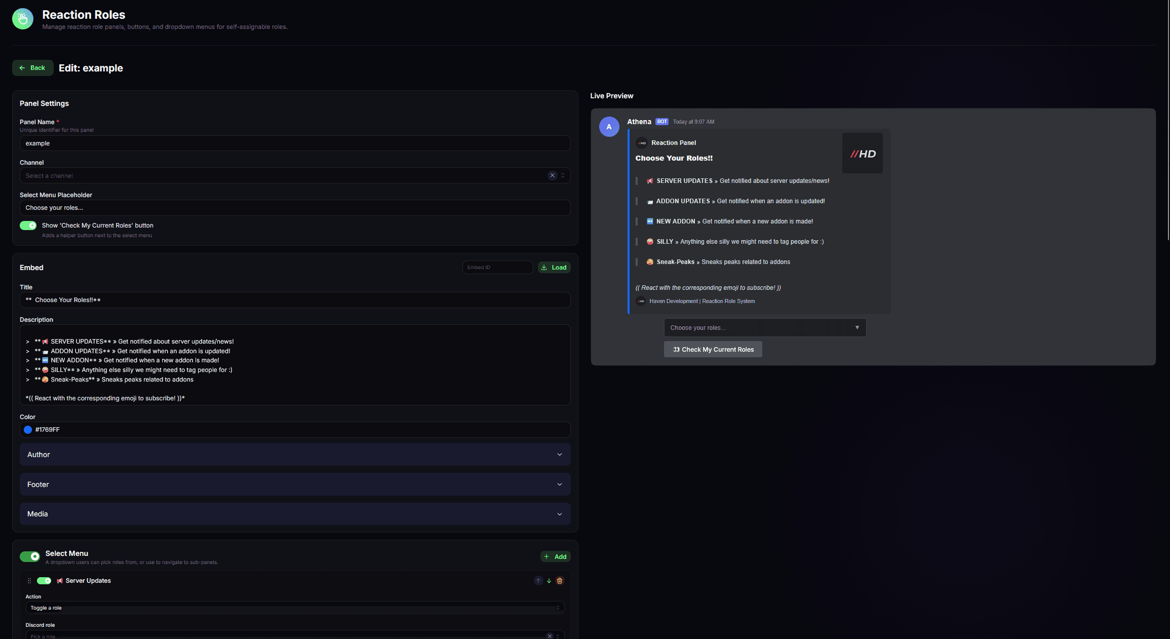 Reaction Roles panel editor and live preview