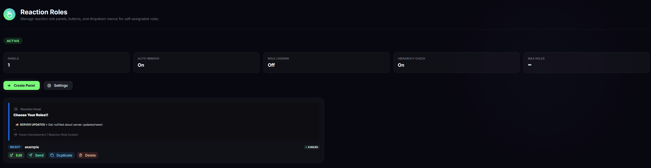Reaction Roles dashboard panel list