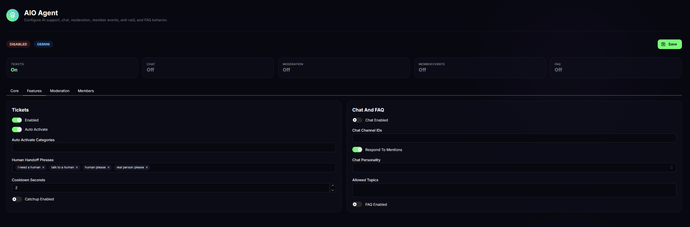 AIO Agent ticket and chat settings